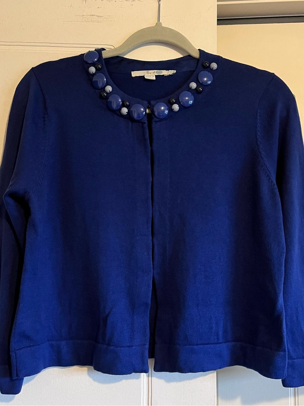 Boden Cobalt Blue Jeweled Neckline Bracelet Sleeve Hook Eye Cropped Cardigan 12